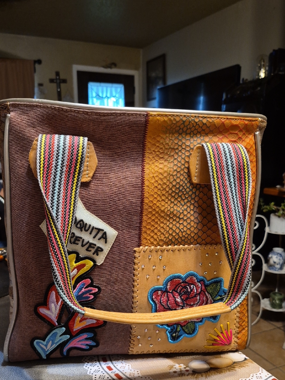 Consuela Multicolor Patchwork Tote with Floral Embroidery - Yellow & Brown